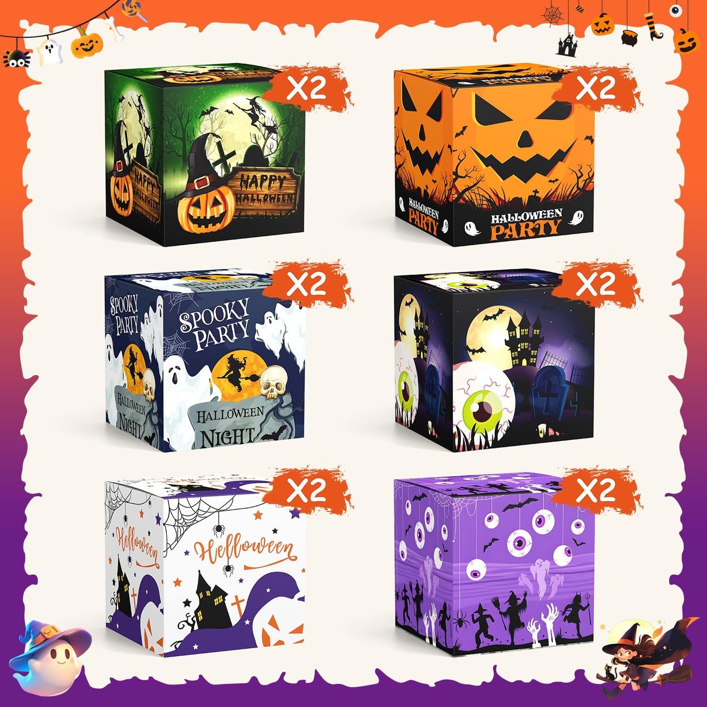 ScandiCasis 12 PCS Halloween Treat Boxes, 6 color, Halloween Treat Bag Stuffers with Rich Classic Elements Such as Ghosts, Witches, Bats Children's Bags Party Favors and Party Decorations