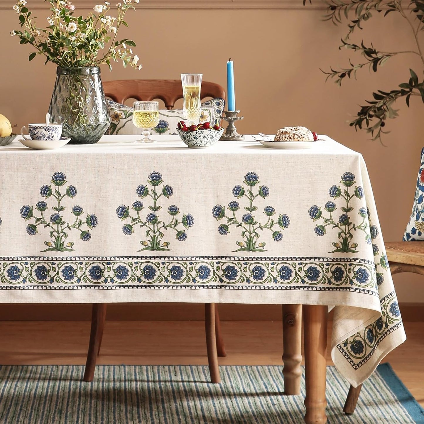 patdrea Designer Blue Square Tablecloth Table,Vintage Linen Leaves Floral Pattern Floral Tablecloths,French Table Cover Cloth Fall Decor for Kitchen Dining Christmas,Thanksgiving,67"x67"-Ivar B