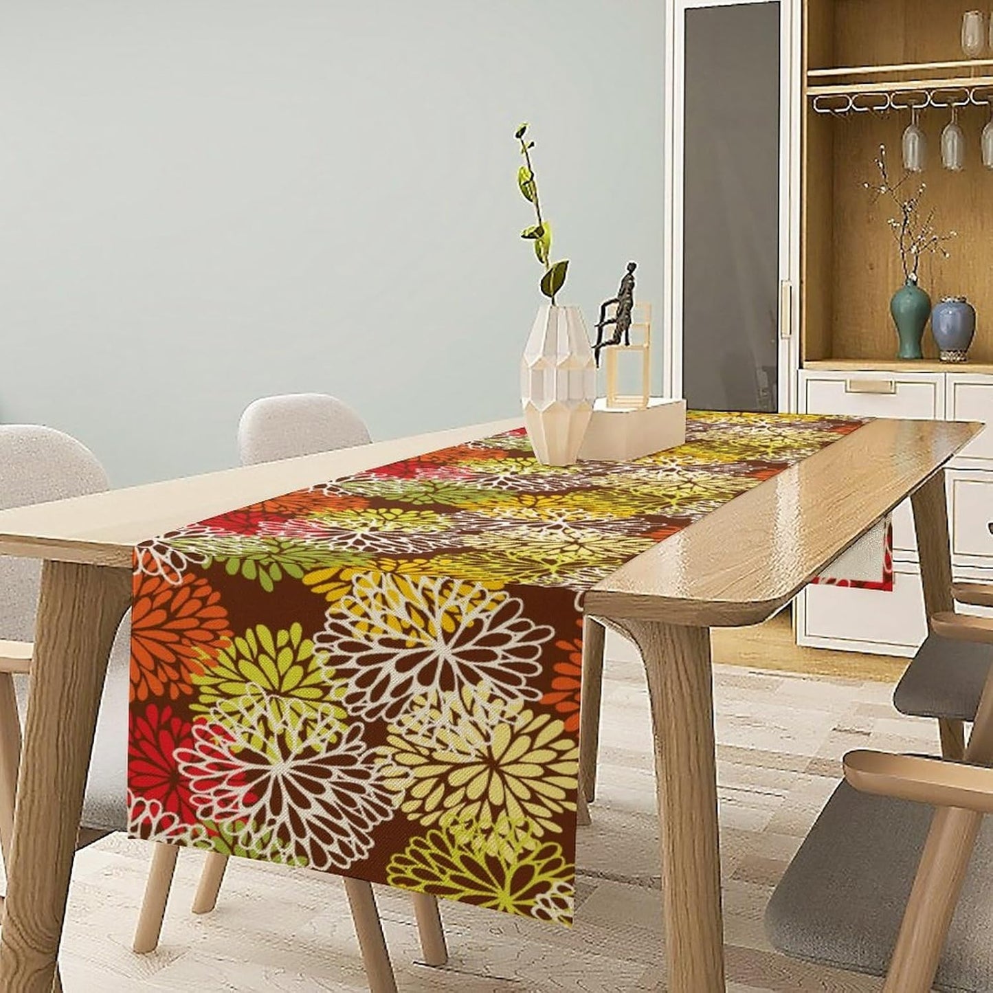 Brown Dahlia Floral Table Runner, Seasonal Autumn Thanksgiving Pattern Print for Home Kitchen Table Decor Dining Coffee Room Party Decor 13x36 Inch