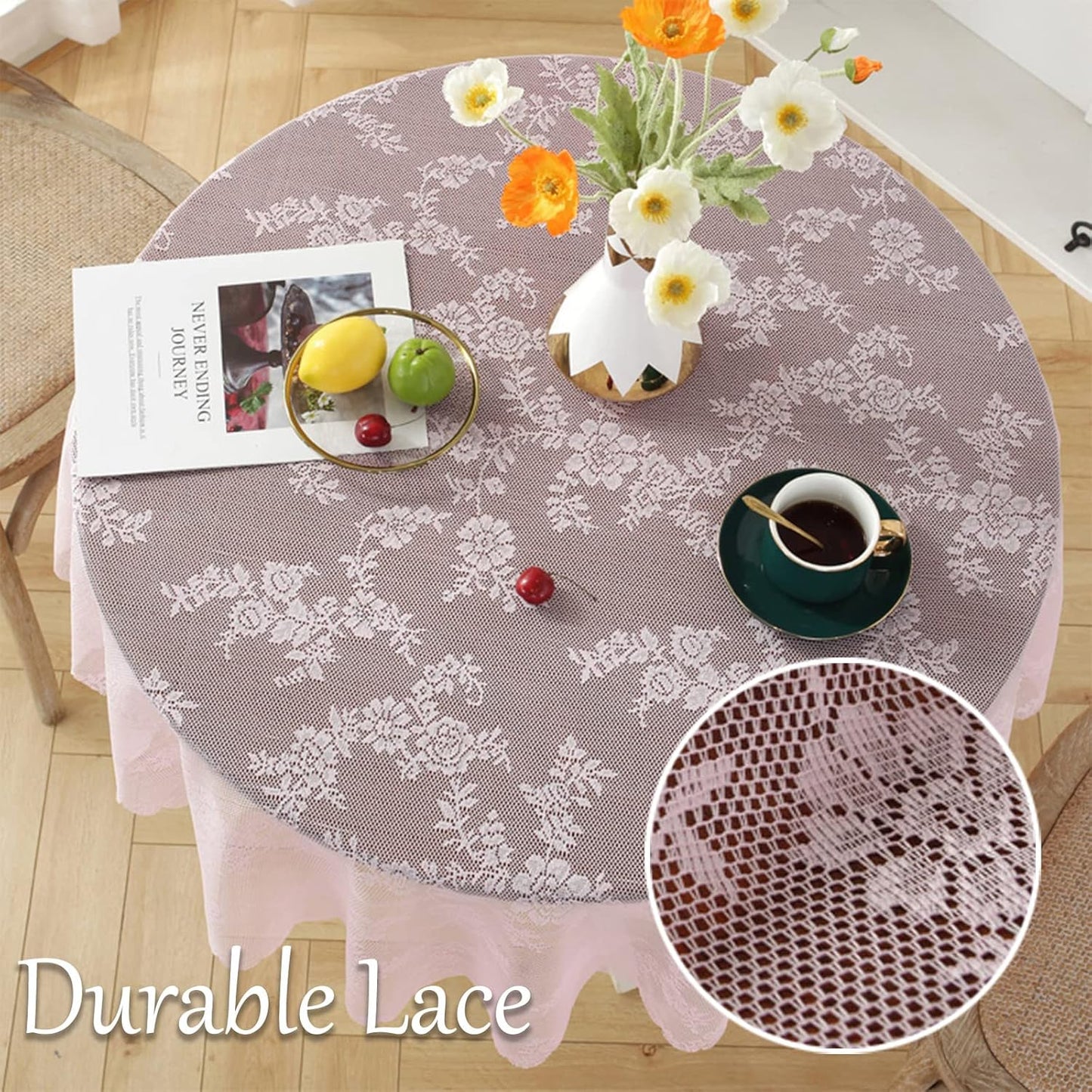 Jeloris Round Lace Tablecloth with Elegant Scalloped Bottom for Any Special Event Such as Wedding, Birthday Party, Baby Shower, Anniversary (60 inch, Style 2)