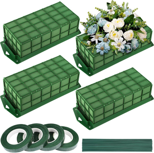 Aodaer 4 Pieces Floral Foam Cage with Floral Foam for Fresh and Artificial Flowers Rectangle Dry and Wet Flower Cage Bowl Holder for Wedding, Home and Garden Arrangement Decorations