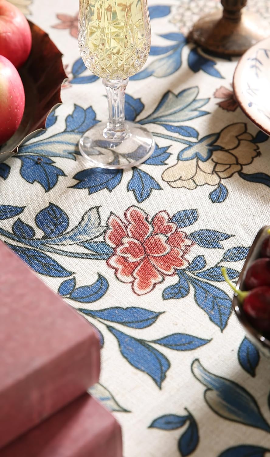 patdrea Designer Blue Tablecloth for Round Table,Vintage Linen with Leaves and Floral Pattern Tablecloths,Farmhouse Decor Cover for Kitchen Dining Christmas,Thanksgiving,Diameter 67"-Ivar a