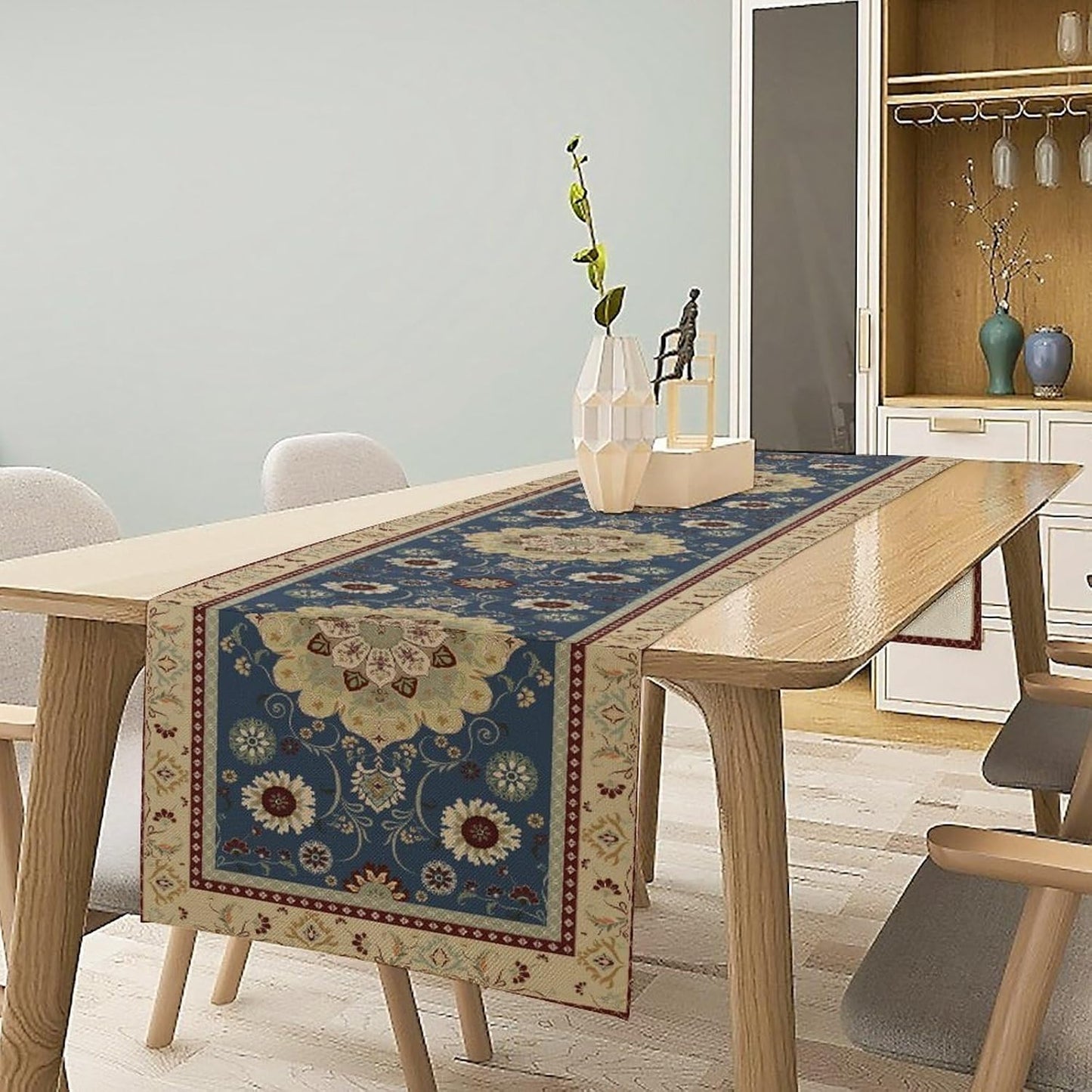 Vintage Boho Floral Table Runner, Elegant Rustic Country Farmhouse Blue Yellow Retro Flower Pattern for Home Kitchen Table Decor Dining Coffee Room Party Decor 13x90in