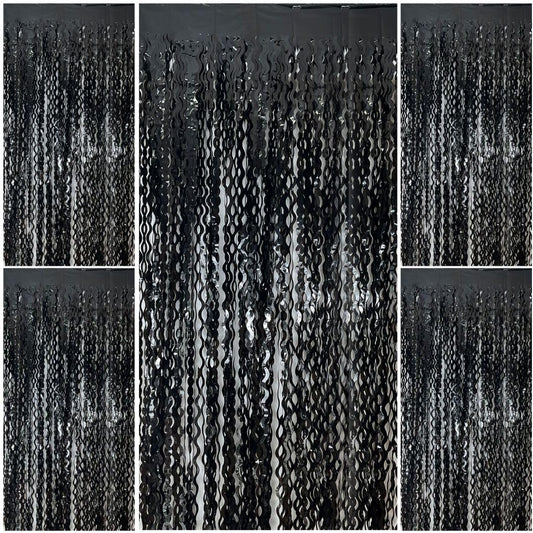 Black Fringe Curtain Party Streamers 5Pcs Foil Fringe Backdrop Curtains Wave Tinsel Streamers Black Party Decorations Door Streamers for Birthday Wedding Bridal Shower Halloween Decor