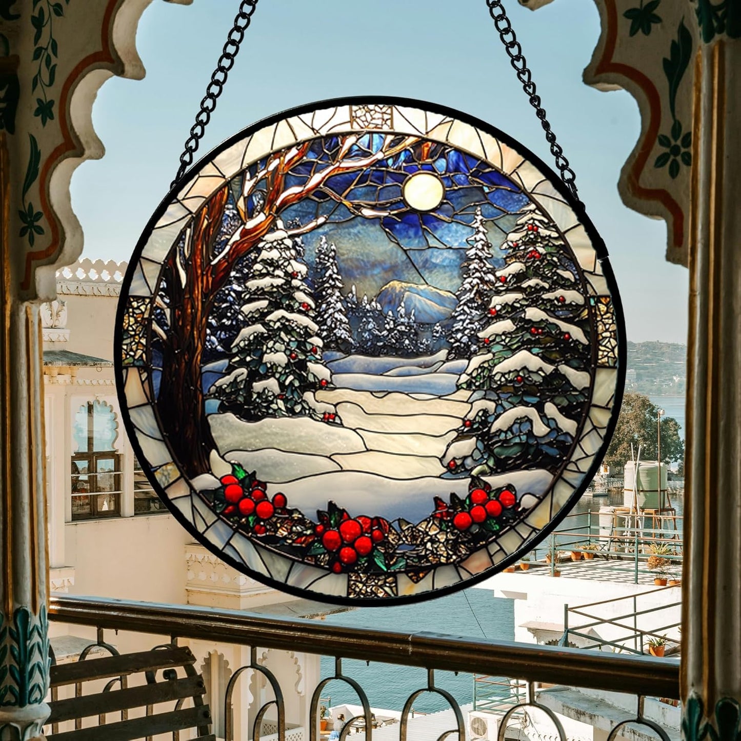 Stained Glass Window Hanging Christmas Tree Winter Snow Night Scenery Large 14.9" - Suncatcher Door Garden Kitchen Sun Catcher Home Decor Birthday for Mom Men Woman Friend