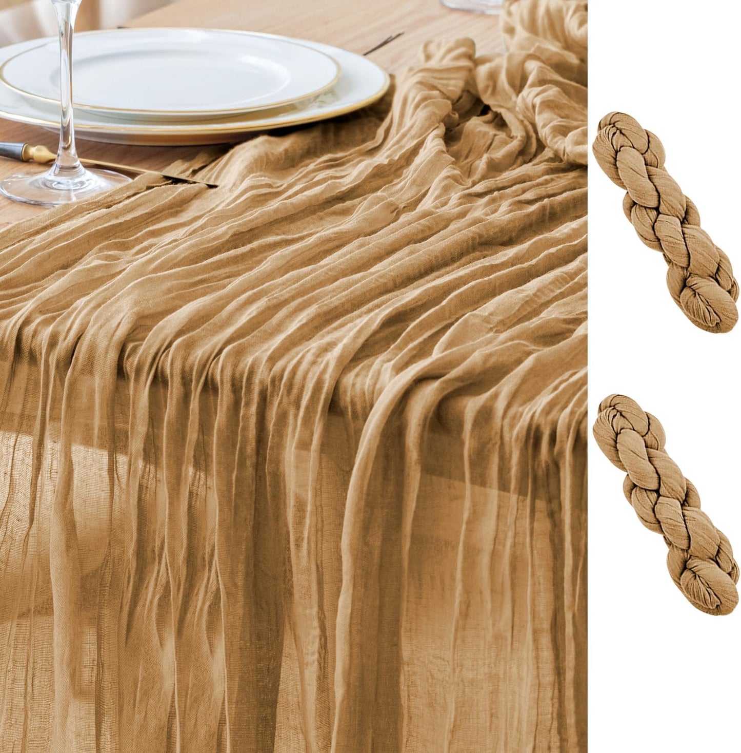Asee'm 2pcs Cheesecloth Table Runner 120 Inches Long Khaki Boho Gauze Cheese Cloth Runner 10FT Rustic Sheer Table Runners for Christmas Wedding Party Baby Shower Spring Easter Decoration