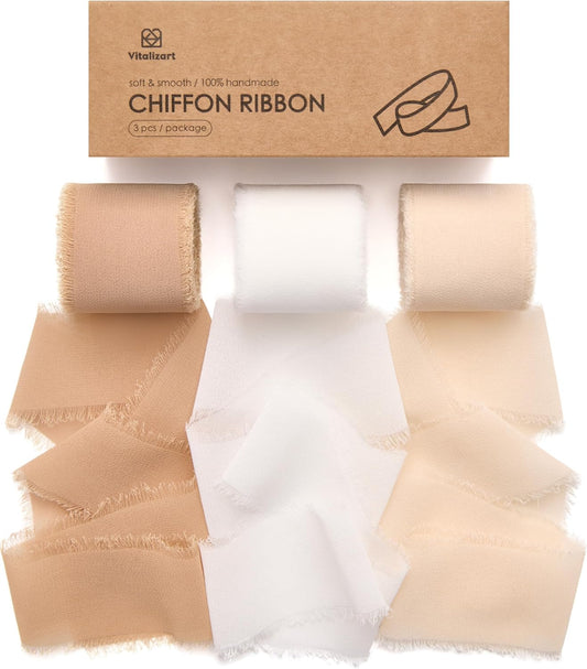 Vitalizart Handmade Chiffon Silk Ribbon Fringe 1.5" x 21 Yd White & Camel Frayed Edges Ribbons for Wedding Invitations Bridal Bouquets Gifts Wrapping Crafts Holiday Party Decorations