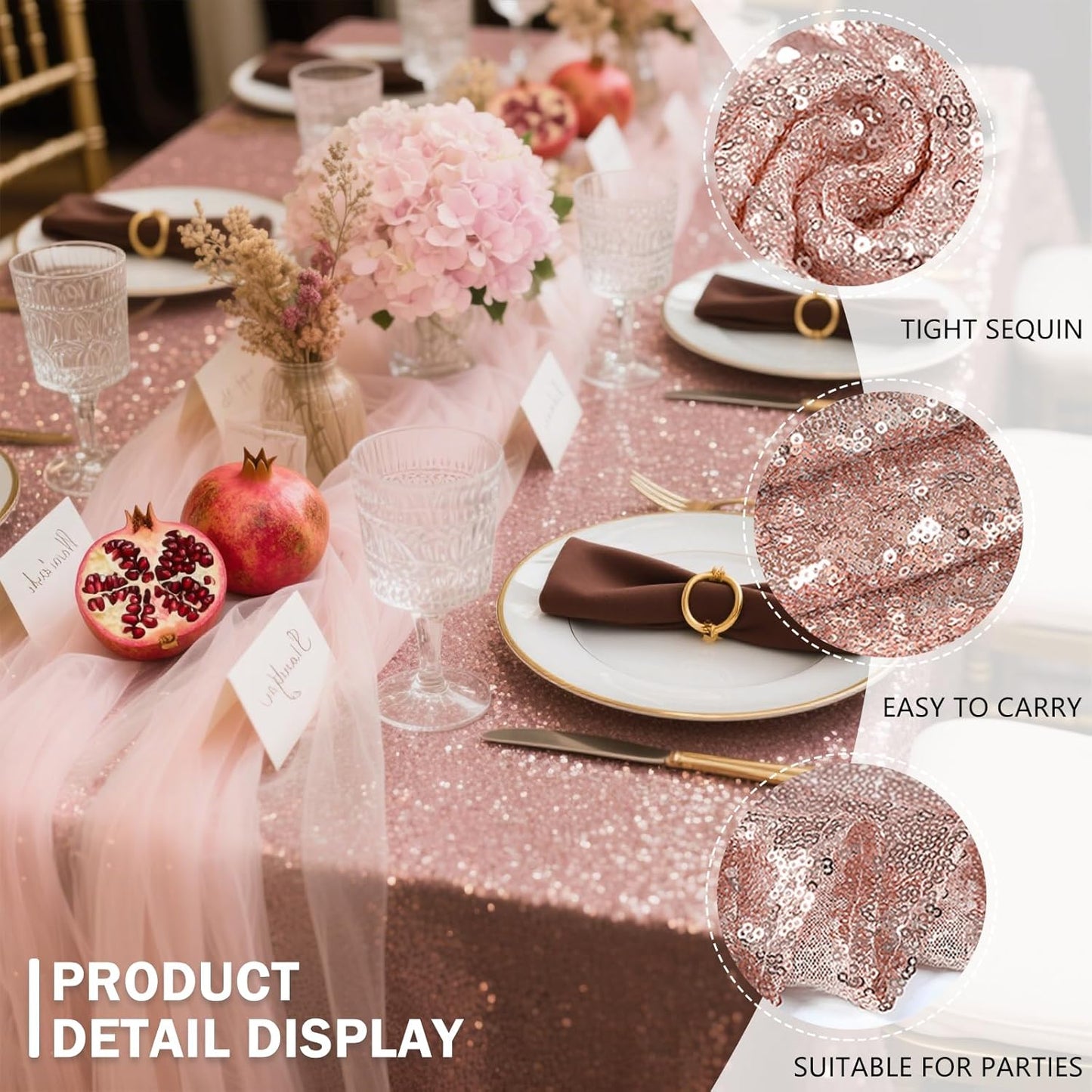 OQSQ Rosegold Sequin Tablecloth 50x80 inch, Glitter Drape Table Cloth, Sparkle Sequence Table Overlays for Thanksgiving Day Wedding Birthday Party Baby Bridal Shower