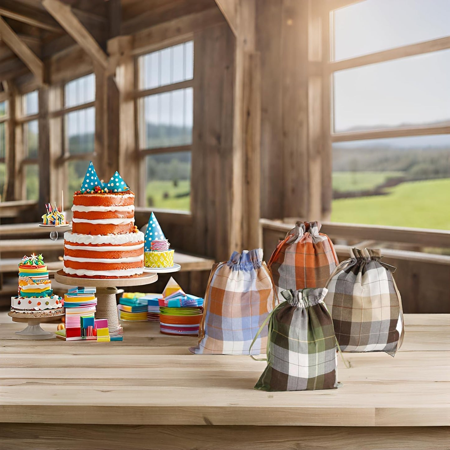 Large Fall Burlap Bags with Drawstrings - Orange Buffalo Plaid & Sage Green Gingham Sacks - Reusable Brown Pouch for Thanksgiving Party Gift Wrapping Goodies (4 Colors, 12x16 inch)