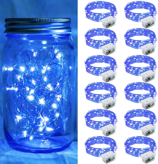 12 Pack Blue Fairy Lights 7Ft 20 LED Twinkle String Lights 3 Modes Battery Operated Waterproof Firefly Starry for Mason Jar Party Wedding Christmas Valentines Day Table Centerpieces