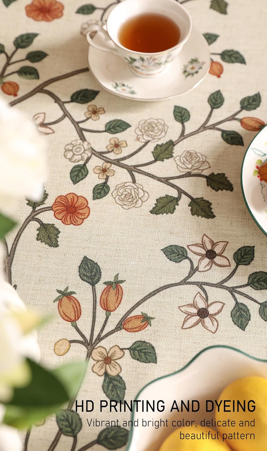 ISAENNE Designer Floral Round Tablecloth,French Linen Light Beige Indoor Table Cloth,Fall Wrinkle Resistant Decor Tablecloths for Dining Thanksgiving Kitchen Party,Diameter 67"-Flora A