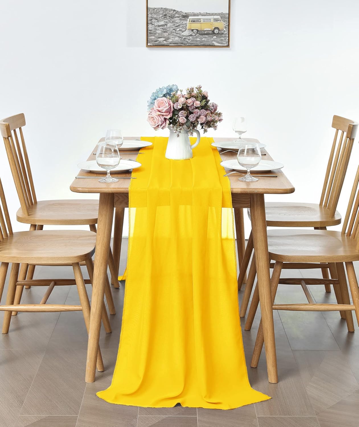 2 Pack 10Ft Chiffon Yellow Table Runner Sheer 29x120 Inch for Romantic Wedding Decor Bridal & Baby Shower Birthday Rustic Party Decoration