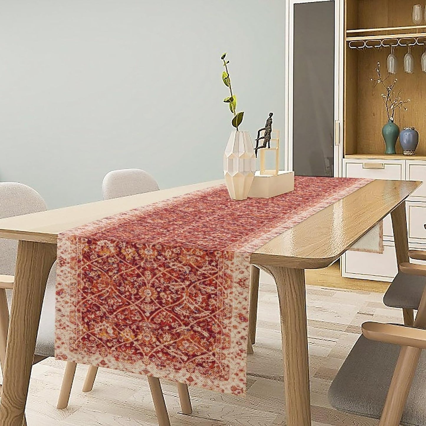 Boho Floral Vintage Table Runner, Retro Red Flower Rustic Country Farmhouse Abstract Pattern for Home Kitchen Table Decor Dining Coffee Room Party Decor 13x72in