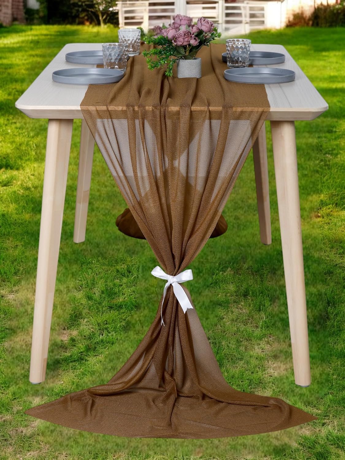 MDS 25 Pack 10ft Chiffon Table Runner 29 x 120 Inches Sheer Wedding Runner Romantic Rustic Table Runner for Wedding Decorations, Birthday Parties, Bridal Shower Party Arch Decor - Mocha