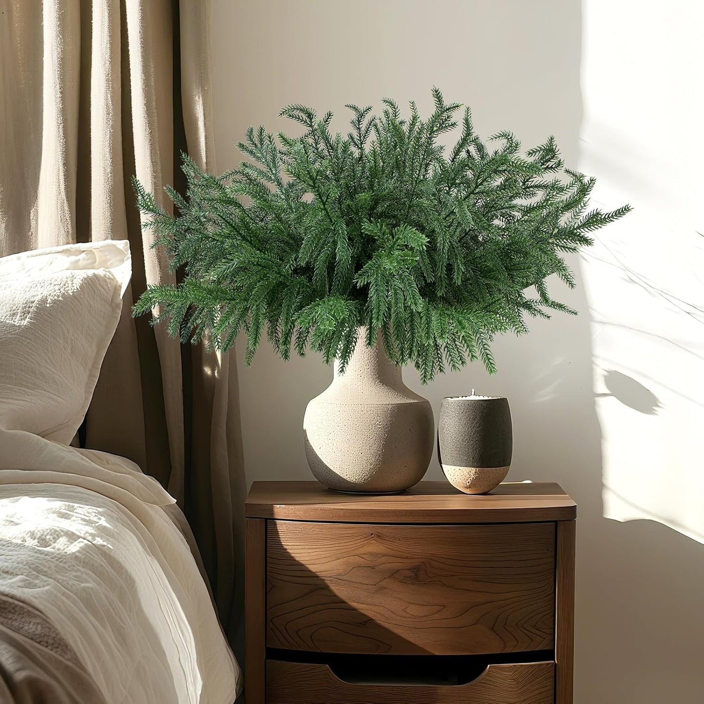 24 Pcs Christmas Norfolk Pine Branches, Artificial Pine Christmas Stems Real Touch Faux Greenery Pine Picks for Vase DIY Garland Wreath Home Indoor Outdoor Decoration