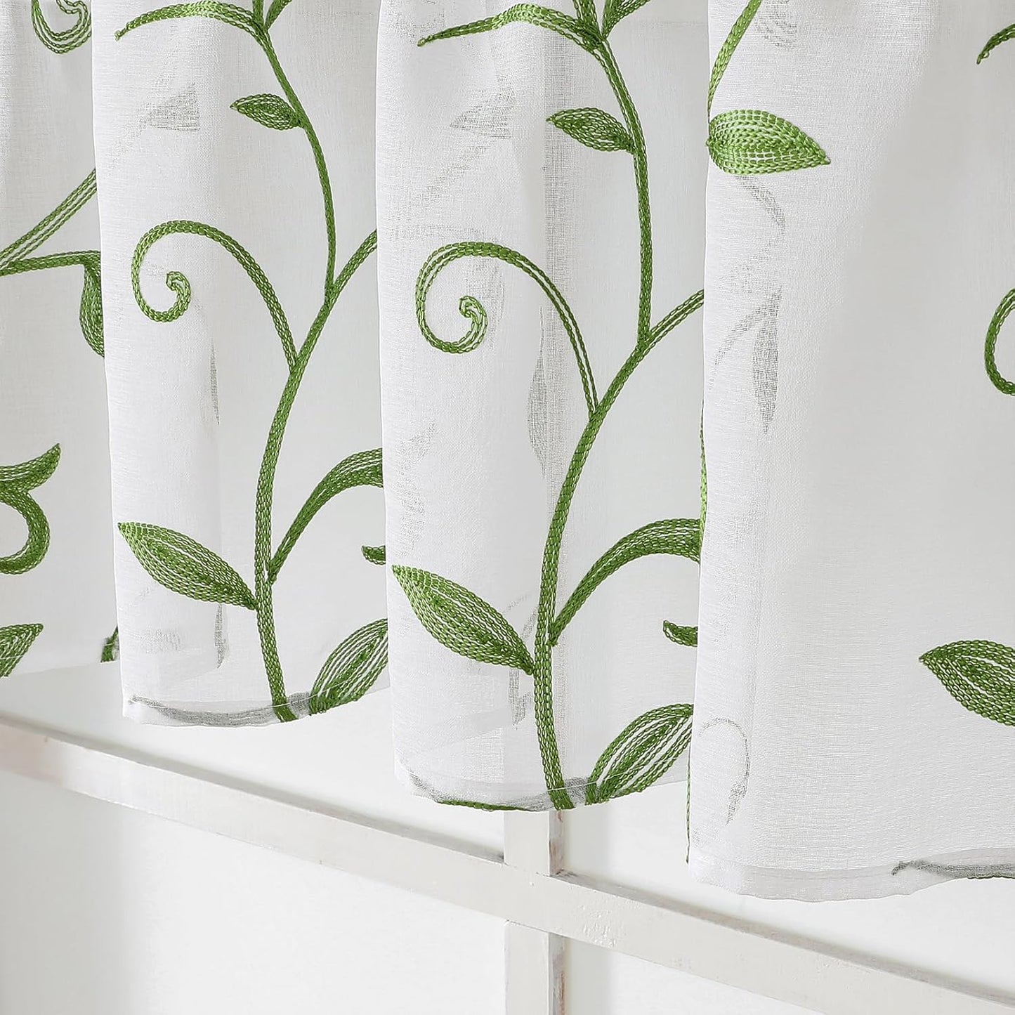 VISIONTEX White Sheer Voile Curtains, Decorative Leaves Embroidery Faux Linen Rod Pocket Window Drapes for Home Kitchen, Living Room and Bedroom 26 x 36 Inch, Set of 2 Curtain Panels