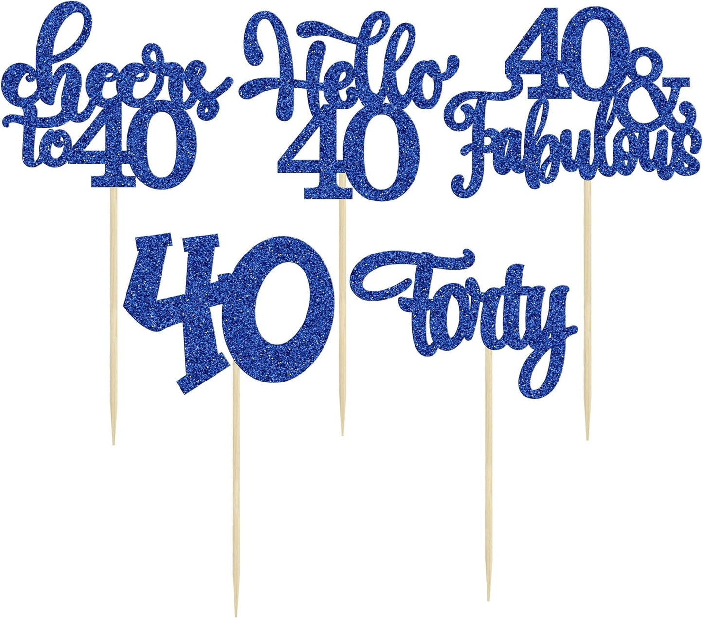 30pcs Happy 40th Birthday Cupcake Toppers - Deep Blue Glitter Forty Cheers to 40 Years Old Cupcake Picks for Anniversary Party Cake Decorations