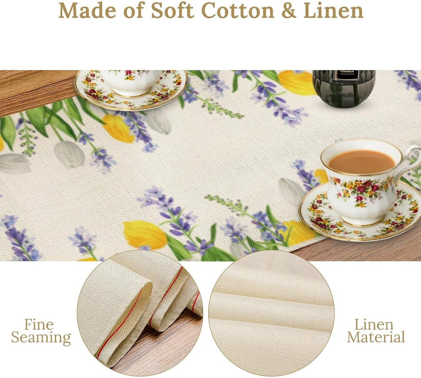 Floral Tulip Lavender Table Runner, Spring Watercolor Flower Plants Nature Butterfly Table Runner for Kitchen Dinner Living Room Home Party, 13x60 Inch