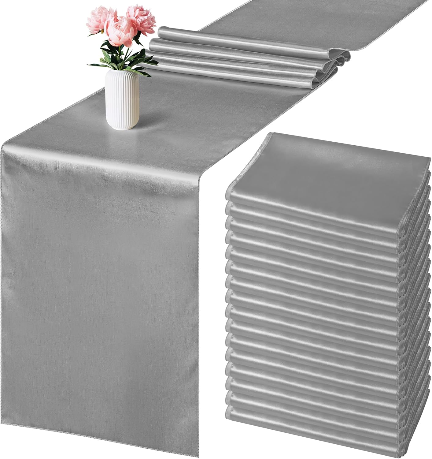 Aneco 16 Pack Satin Table Runner 12 x 108 Inch Silver Long Wedding Satin Silk Table Runner for Wedding Banquet Graduations Birthday Party Decoration