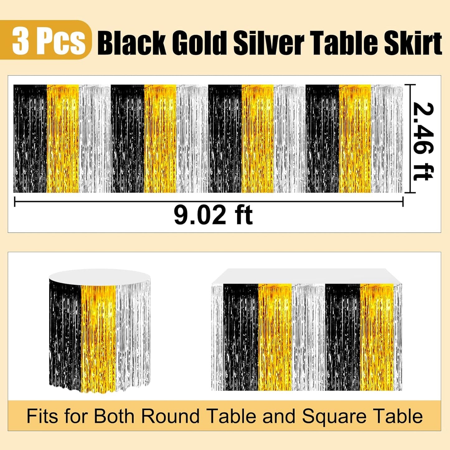 3 Pack 29 x108 Inch Black Gold Silver Foil Fringe Table Skirts Metallic Banner for Tinsel Streamer Garland Backdrop for Parade Floats Wedding Thanksgiving Birthday Christmas New Year Party Decoration