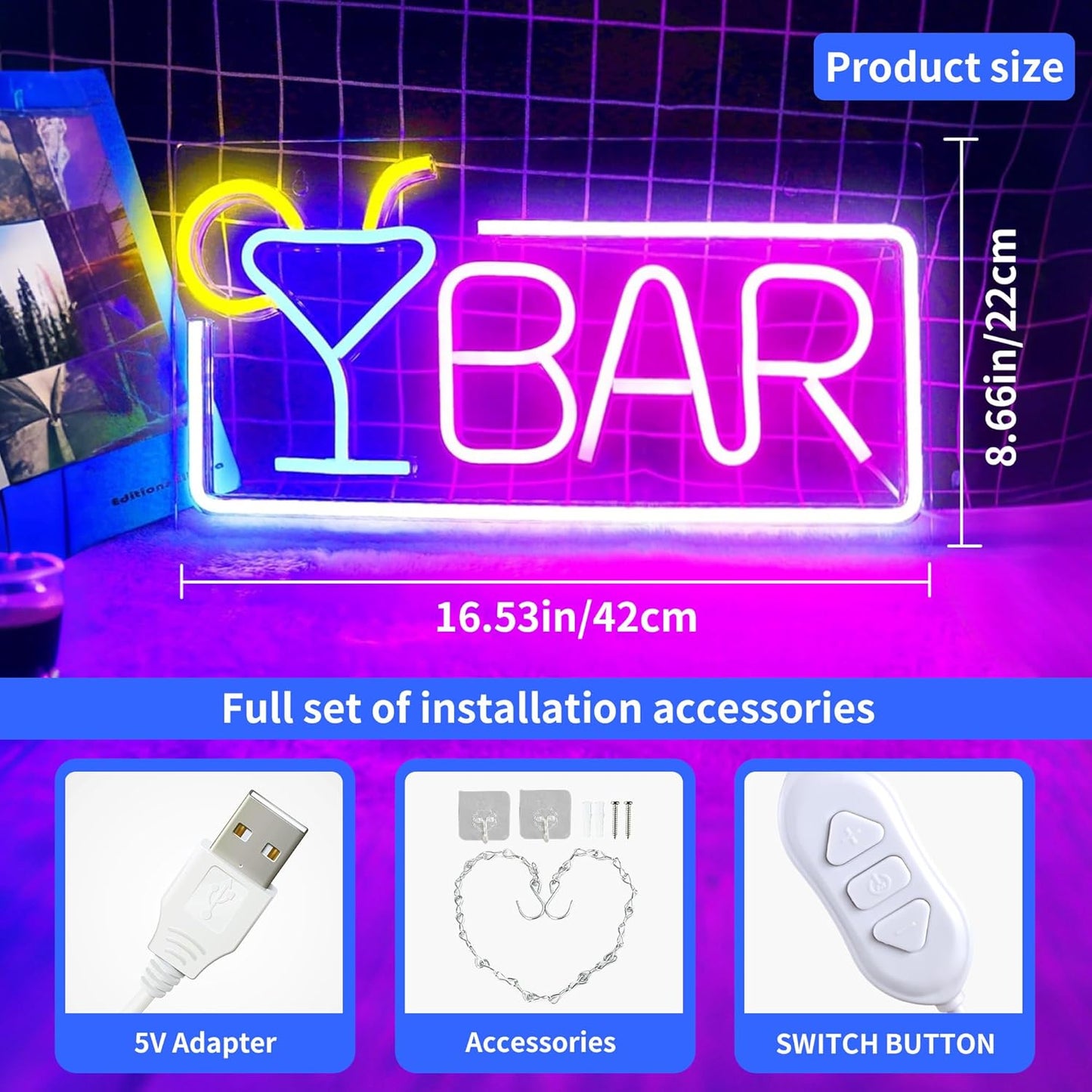 YSMNDE Bar Neon Sign, Bar Signs for Home Sign with Dimmer Switch, USB Powered Bar LED sign For Wall Decor, Perfect for Home, Club, Bistro, Man Cave Party Decorations