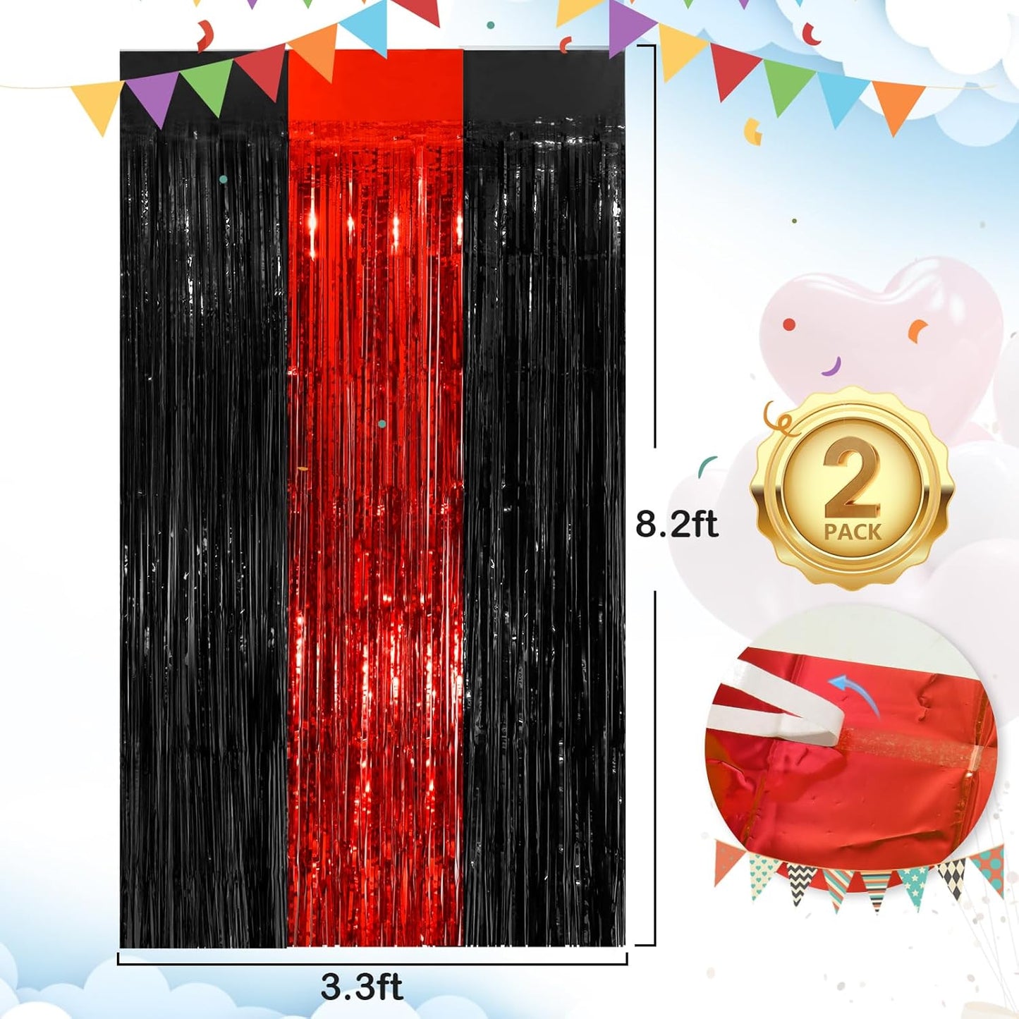 Black Red Fringe Curtain Party Streamers 2Pack 3.3 x 8.3 Ft Foil Fringe Backdrop Curtains for Birthday Wedding Bridal Baby Shower Holiday Tinsel Streamers Black Party Decorations Door Streamers