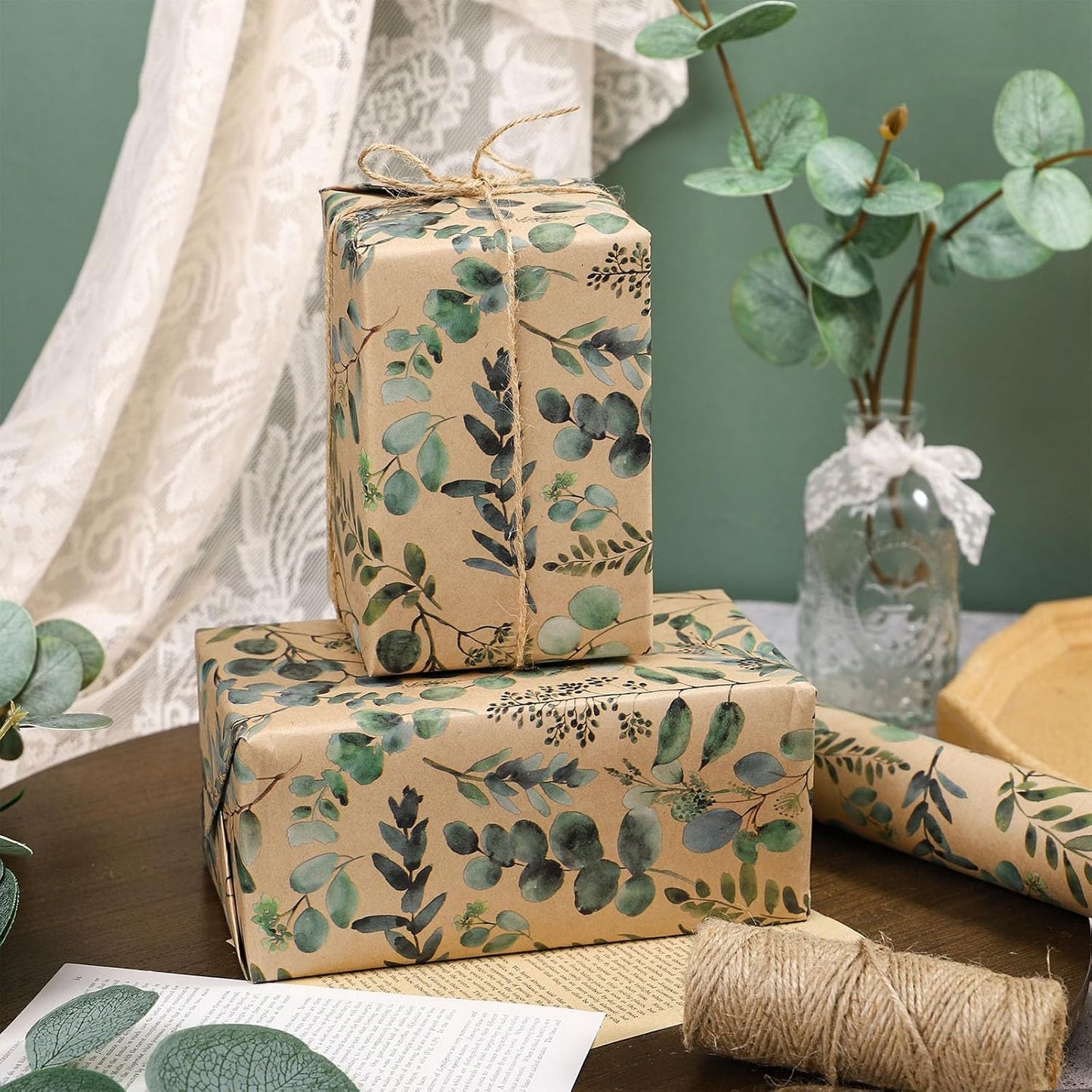 RUSPEPA Eucalyptus Leaf Gift Wrapping Paper, 17 Inches x 32.8 Feet, Mini Roll, Kraft Wrapping Paper Roll for Women, Spring, Summer, Wedding and Birthday