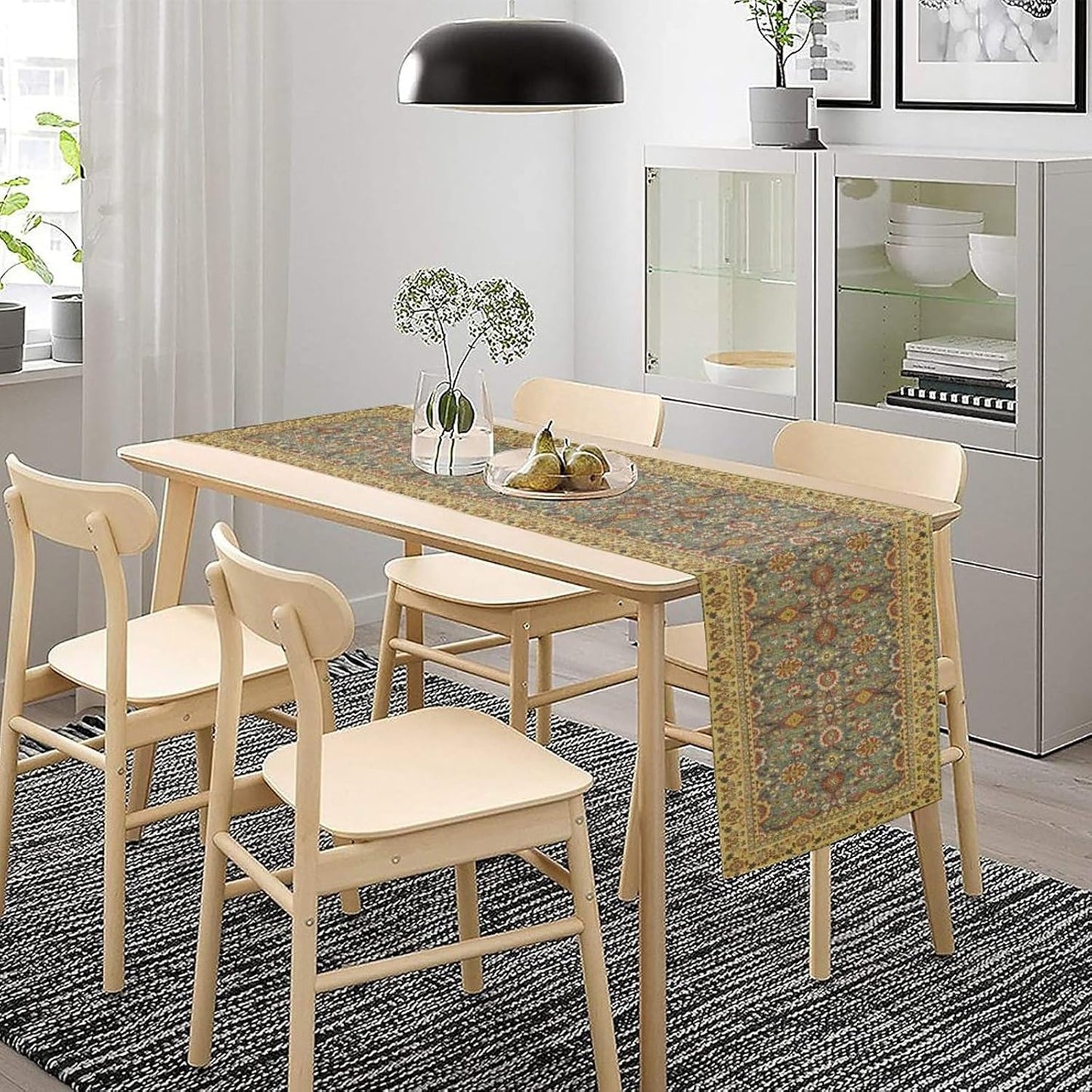 Boho Floral Vintage Beige Blue Table Runner, Retro Flower Rustic Country Farmhouse Abstract Pattern for Home Kitchen Table Decor Dining Coffee Room Party Decor 13x72in