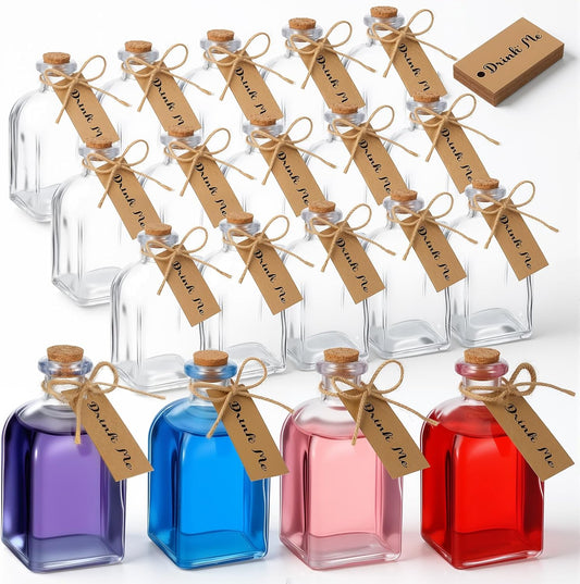 Baderke 18 Pcs 4oz Glass Potion Bottles Favor Jars with Cork Lid Twine Tags Glass Bottles Tiny Vintage Square Water Candy Jars Honey Spice Vials Party Favors DIY Crafts Halloween Wedding Decorations