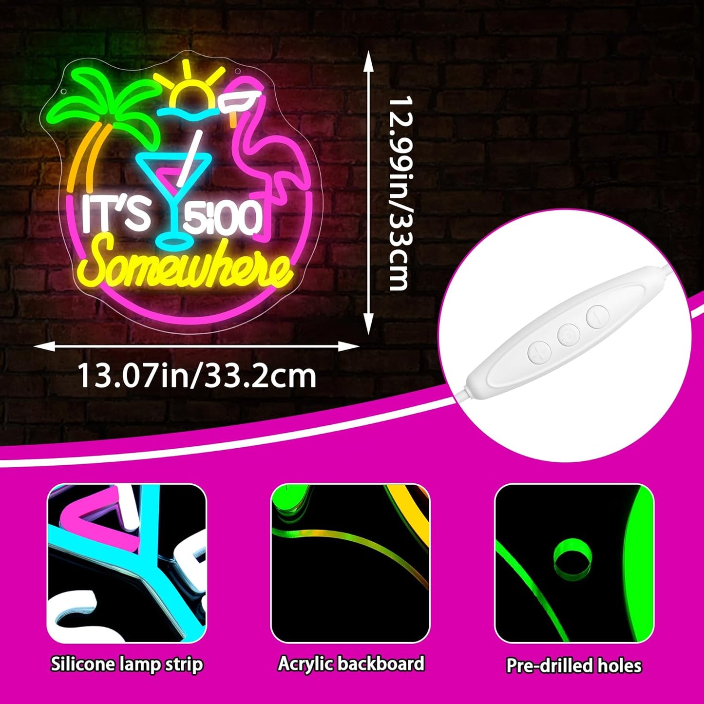 Its 5 O'clock Somewhere Neon Sign for Wall Decor Dimmable Led Flamingo Cocktail Neon Light for Man Cave Tiki Bar Home Beer Bar Beach Party Bedroom Christmas Birthday Gift Size 13.1 * 12.9In (WZCP167)