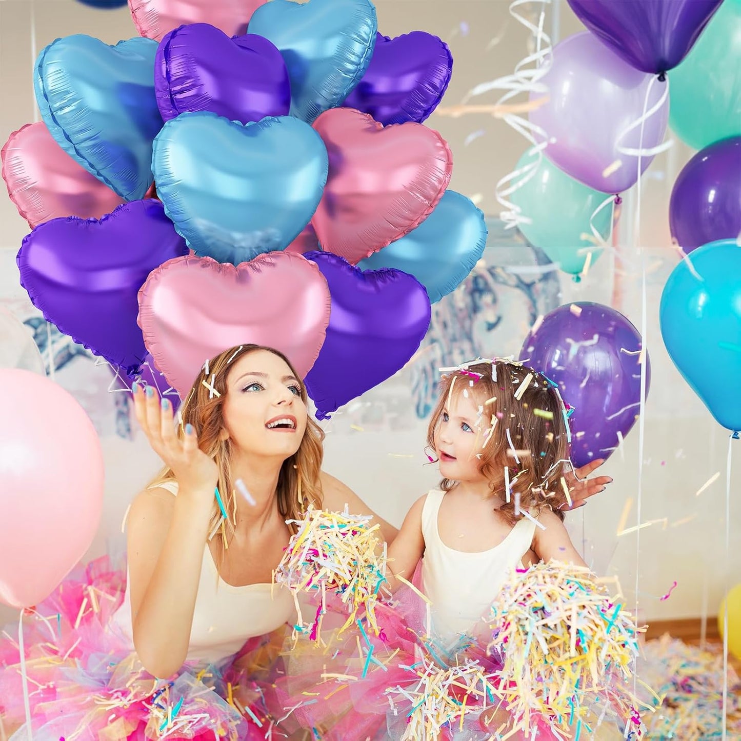 Blue Pink Purple Heart Balloons,12Pcs 18Inch Blue Purple Pink Heart Shaped Foil Helium Polyester Film Balloons for Baby Shower Birthday Anniversary Wedding Engagement Party Decorations