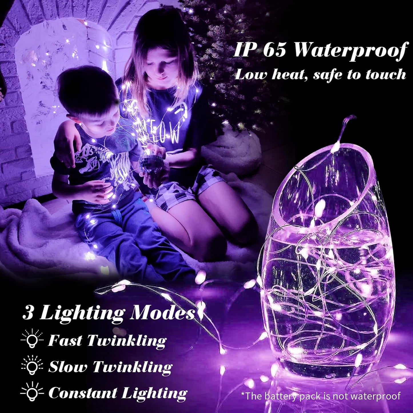 ZGWJ 100 Pack Fairy Lights Battery Operated, 7ft 20 Mini LED Fairy String Lights Silver Wire 3 Modes for DIY, Parties, Wedding, Bedroom, Halloween Christmas Decoration Purple