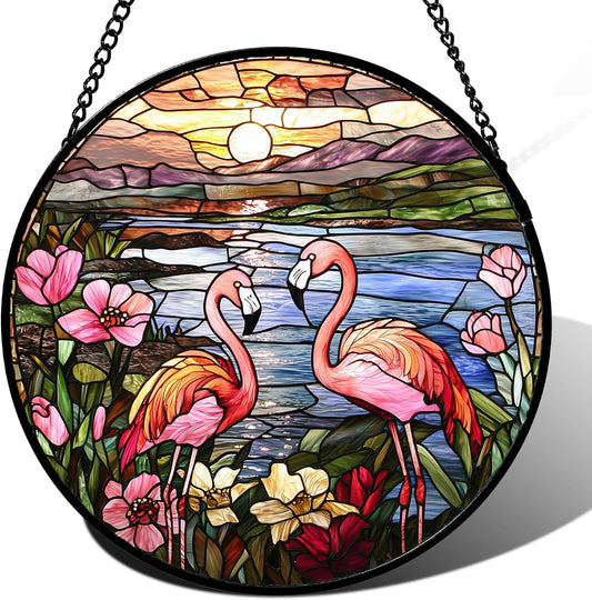 Stained Glass Window Hanging - Flamingo Wildflowers Landscape Suncatcher for Door Terrace Garden Home Decor Sunset Lake Sun Catcher Birthday Gifts for Lovers Women Men Dad Mom Nana 11.8 in