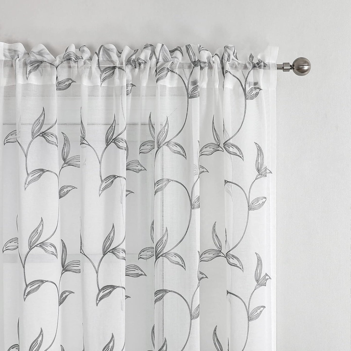 VISIONTEX Sheer Curtains 63 Inch Length 2 Panels, Decor Iron Grey Vine Leaves Embroidery on White Voile Pair, Accent Semi Window Drapes for Kitchen, Living Room and Bedroom, 54" W x 63" L