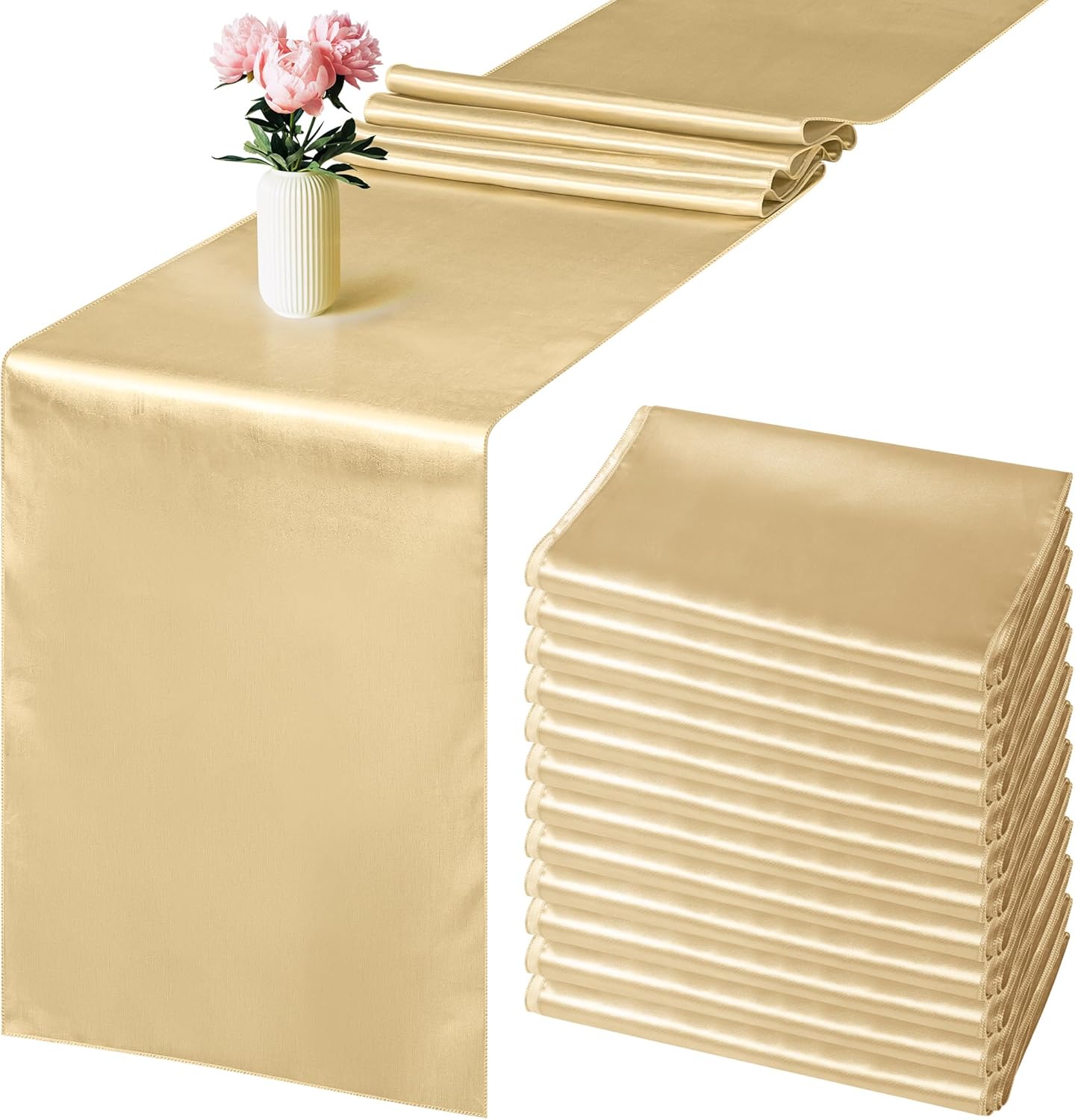 Aneco 12 Pack Satin Table Runner 12 x 108 Inch Champagne Long Wedding Satin Silk Table Runner for Wedding Banquet Graduations Birthday Party Decoration