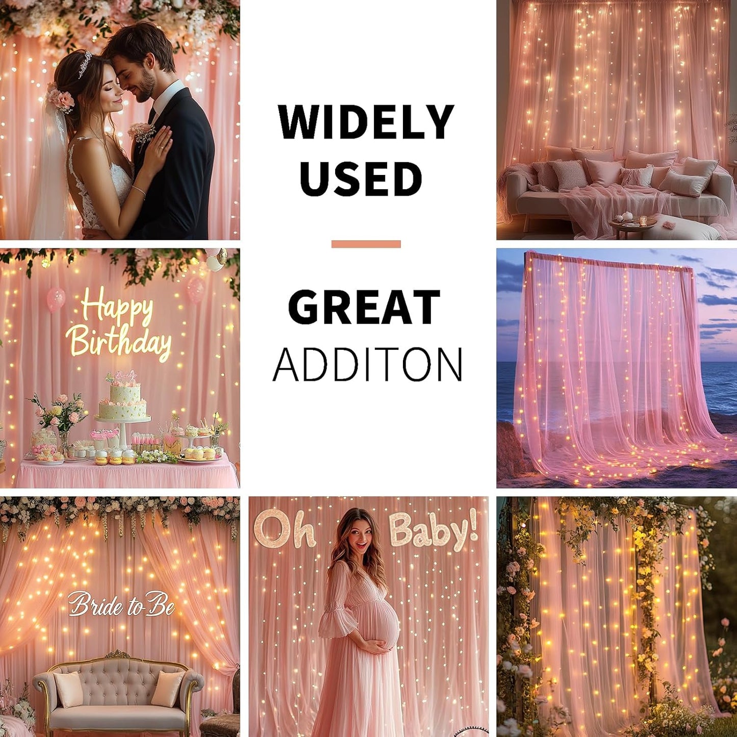 Pink Tulle Backdrop Curtain with Lights String - 10x10ft Sheer Backdrop with 300 LEDs for Wedding, Baby Shower, Bridal Shower, Birthday Party Photo Shoot Background and Home Decorations