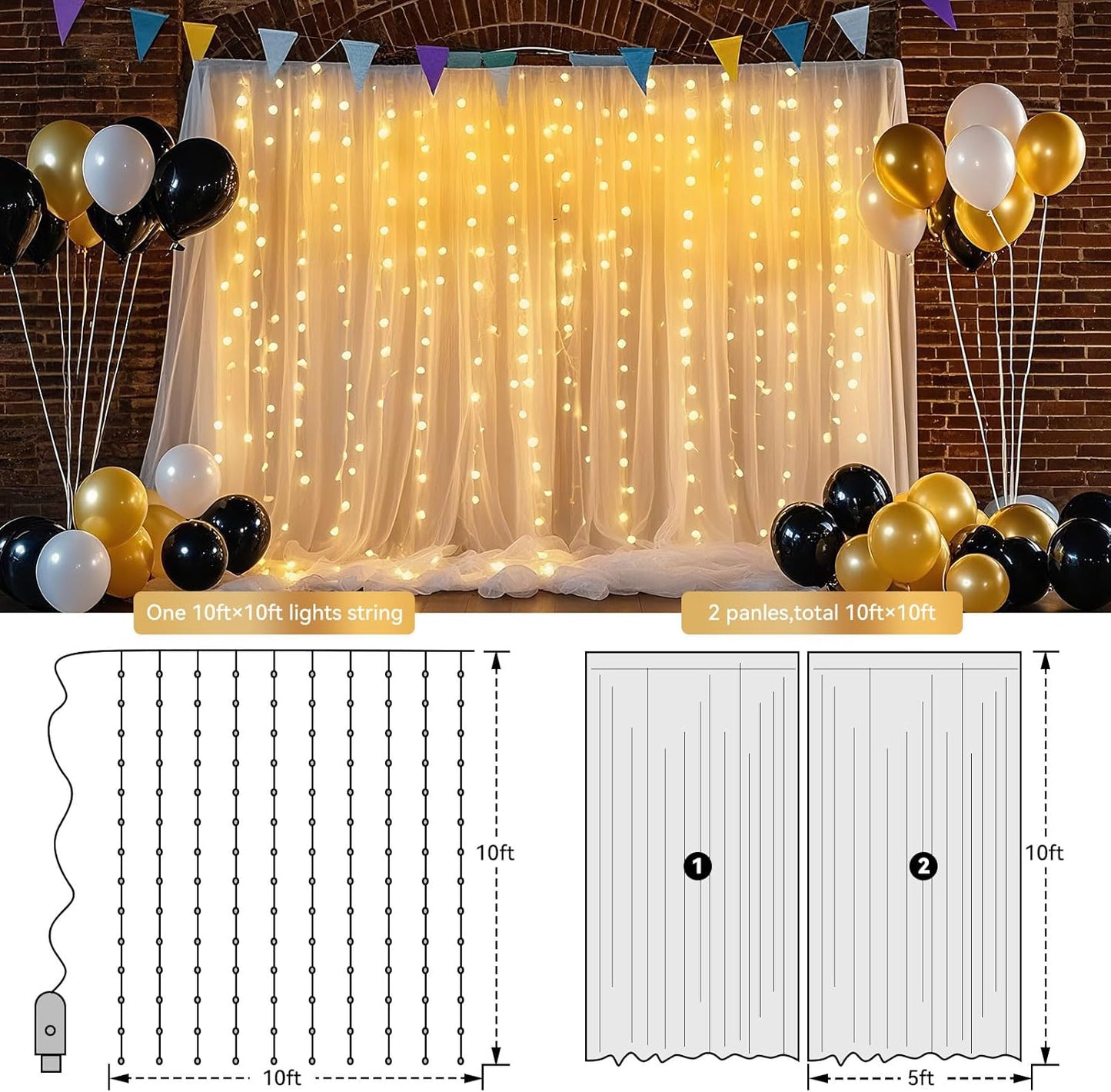 10×10ft Tulle Backdrop Curtains with Lights String - 300LED Fairy Lights Sheer Curtain Backdrop for Weddings Baby Shower and Birthday Party Decorations(4 Panels 5×10ft)