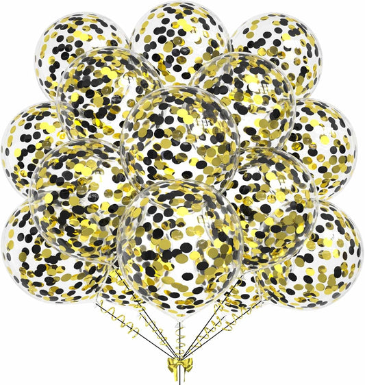 50pcs Gold Black Foil Confetti Balloons,12 inch Latex Balloon with Gold Black Confetti Inside for Birthday Family Party Graduation Decorations