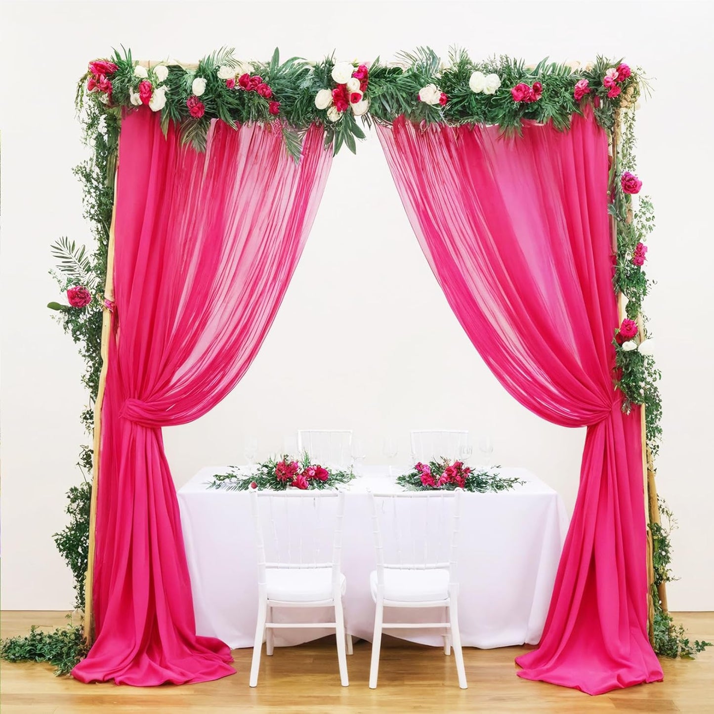 DUOBAO Hot Pink Chiffon Curtains 2 Panels 58 Inch (150cm Wide) by 120 Inches (300cm Long) Fuchsia Wedding Sheer Backdrop Drapes Beach Drape for Living Room Voile Window Curtain (5FTx10FT)