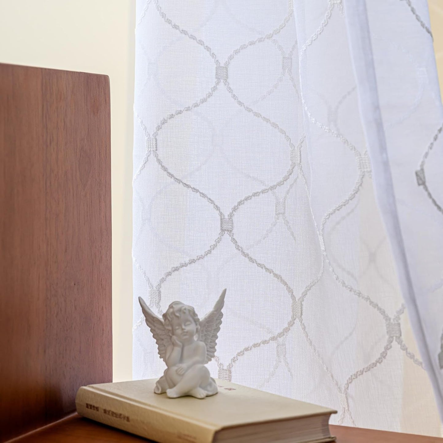 Embroidered Wave Diamond Sheer Curtains White 95 Inches, Window Treatments Rod Pocket Drapes for Living room, Bedroom, Semi Voile Curtain Panels for Yard, Patio, Villa, Parlor, Set of 2, 52"x95".