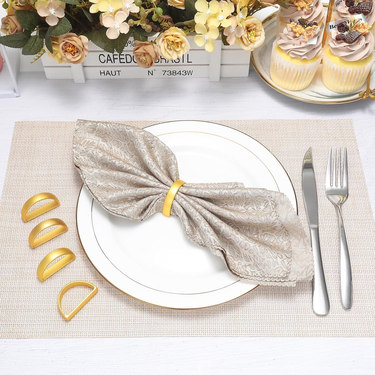 KPOSIYA Napkin Rings Set of 12, Metal Gold Napkin Rings Bulk for Table Settings, D-Shape Napkin Holders Rings for Dinner Table Decor, Easter, Fall,Thanksgiving, Christmas, Party,（12pcs）