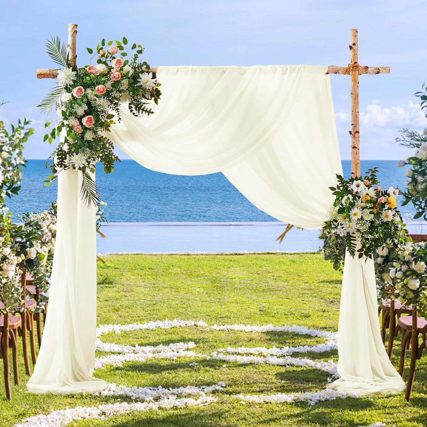 SiinvdaBZX 4 Panels Wedding Arch Draping Fabric 30" x 20Ft Ivory Sheer Chiffon Fabric Outdoor Extra Long Decorative Drapery Fabric for Party Ceremony Ceiling Curtain Backdrop