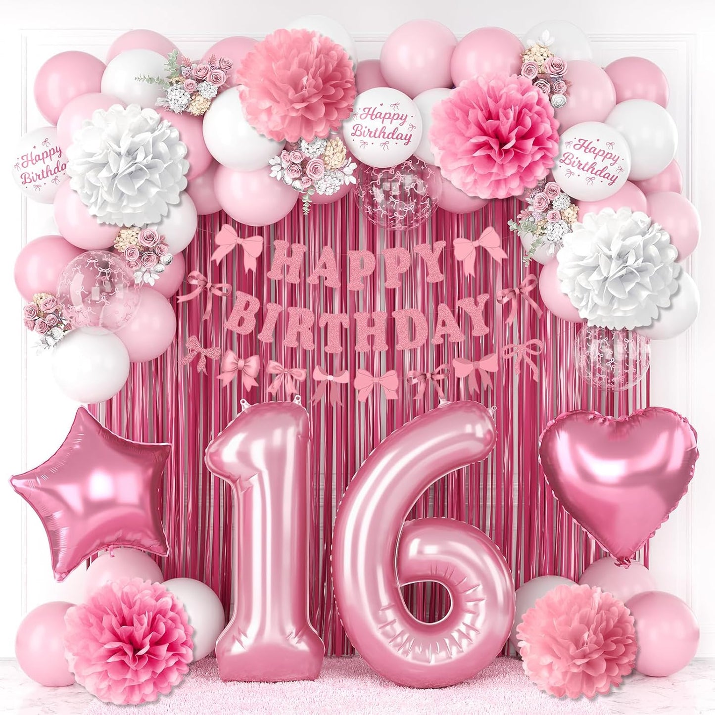 16th Birthday Decorations for Girls Pink Number 16 Balloon Bow Coquette Happy Birthday Banner Fringe Curtain Paper Pom Poms Star Heart Foil Pink White Balloons 16 Year Old Party Decor for Her