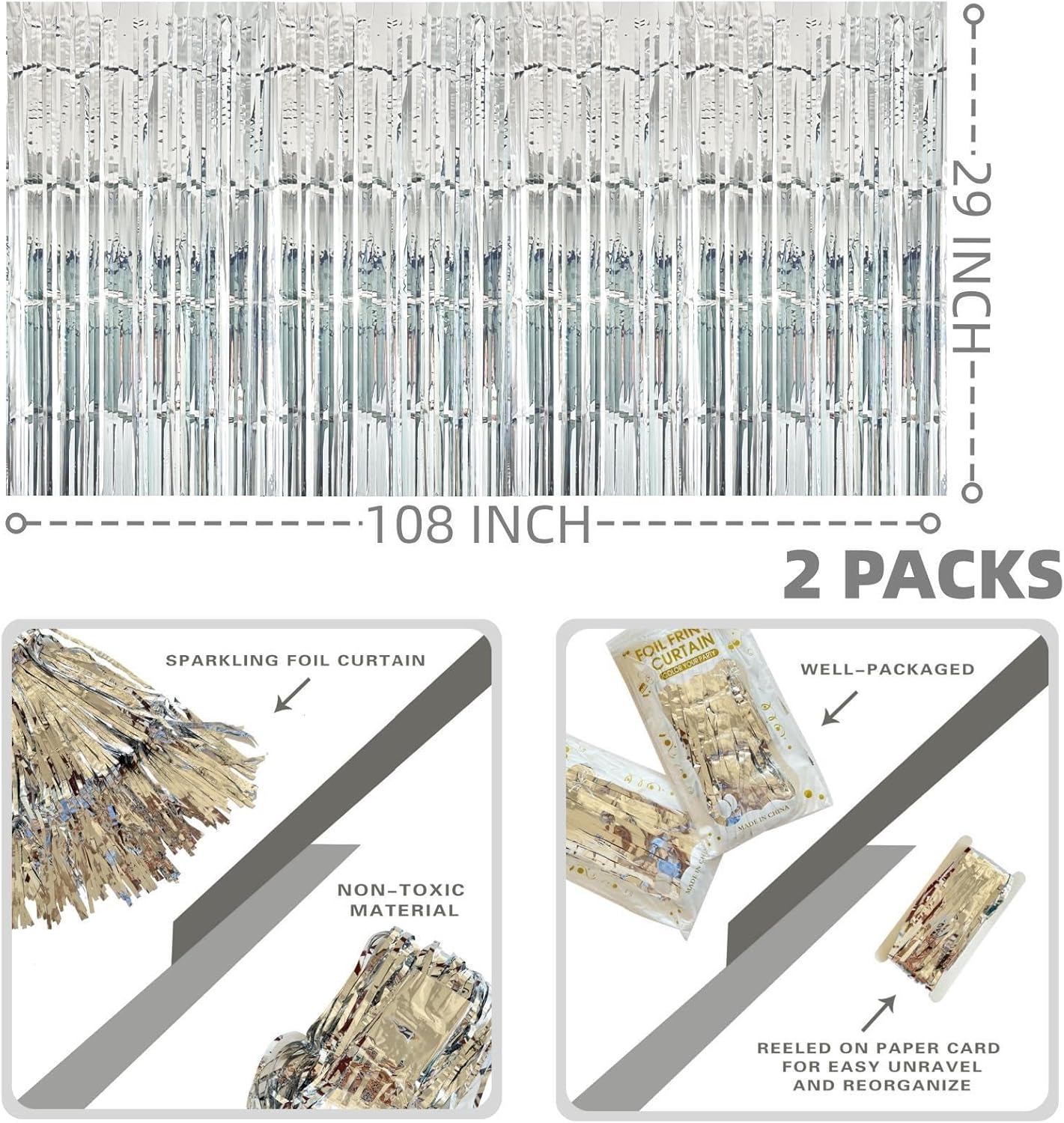 Silver Streamers Party Decorations, 2 Packs Silver Table Skirts Metallic Foil Fringe Tinsel for Birthday Disco Bachelorette Baby Shower Wedding Graduation Float Parade Party Supplies - 29x108 Inch