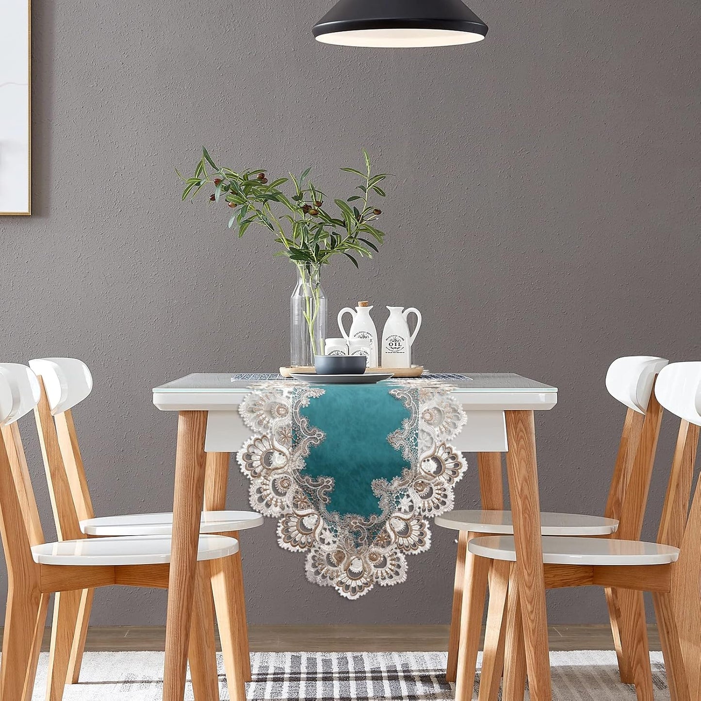 Vintage Lace Dining Table Runner, 108 Inches Macrame Coffee Table Runners for Kitchen Home Christmas Party Decorations (16x108 inch,Cyan)