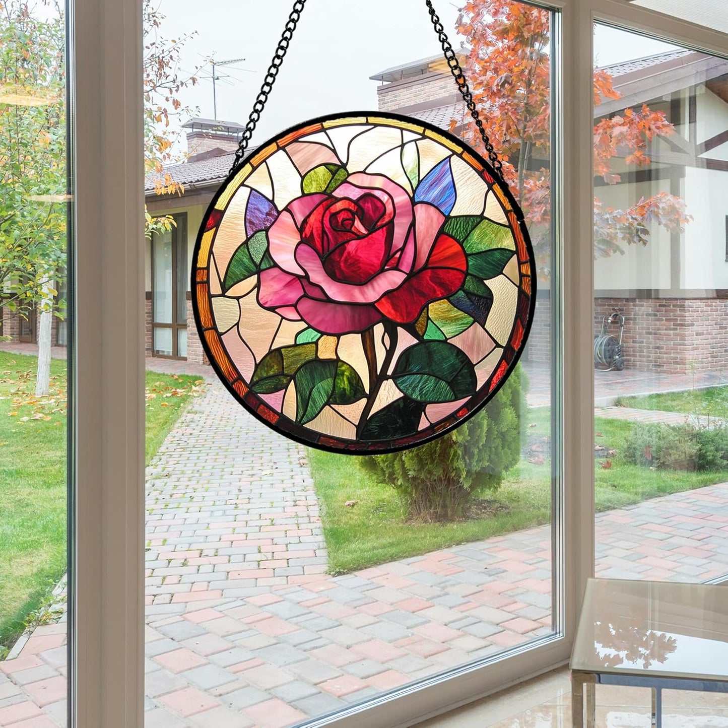 Stained Glass Window Hanging - Pink Rose Suncatcher for Door Garden Home Decor Birth Flower Sun Catcher Christmas Birthday for Friend Lovers Women Mom Nana 11.8 in