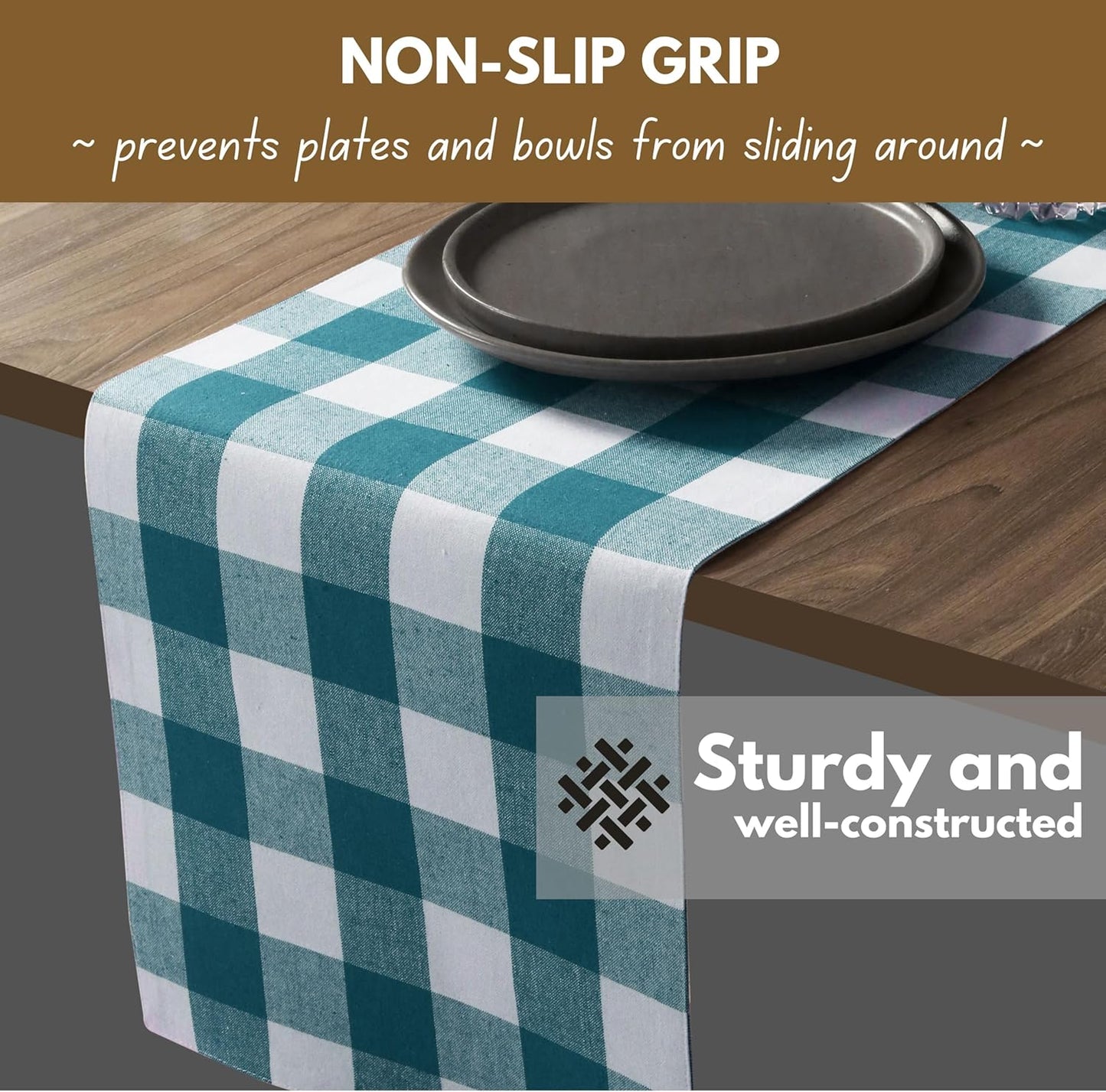Native Fab Table Runner Buffalo Check Plaid 100% Cotton - 13x90 Inches Kitchen Dining Table Decoration for Indoor Outdoor Farmhouse Home Party Decor - Teal Green and White