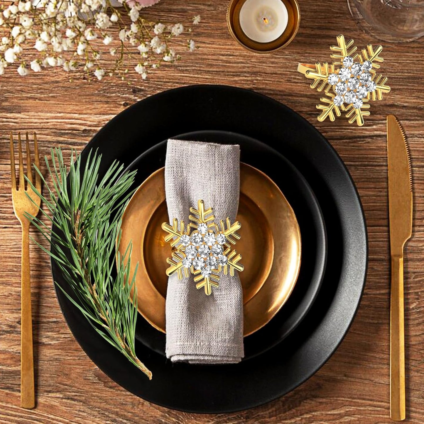 Halatool Christmas Napkin Rings Set of 8, Gold Snowflake with White Rhinestone Napkin Holder for Christmas Thanksgiving Winter Holiday Place Setting, Weddings, Party Table Decoration
