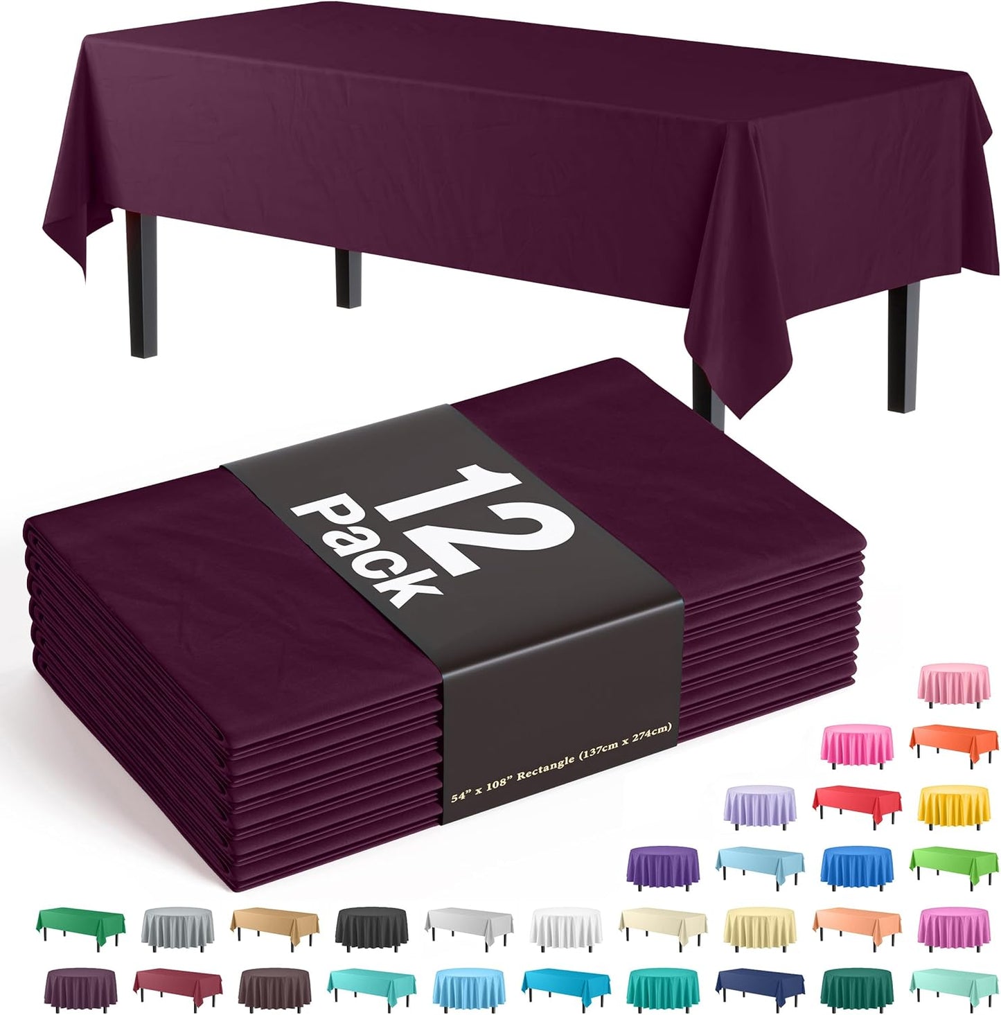 Exquisite 12-Pack Premium Plastic Tablecloth 54in. x 108in. Rectangle Table Cover - Plum