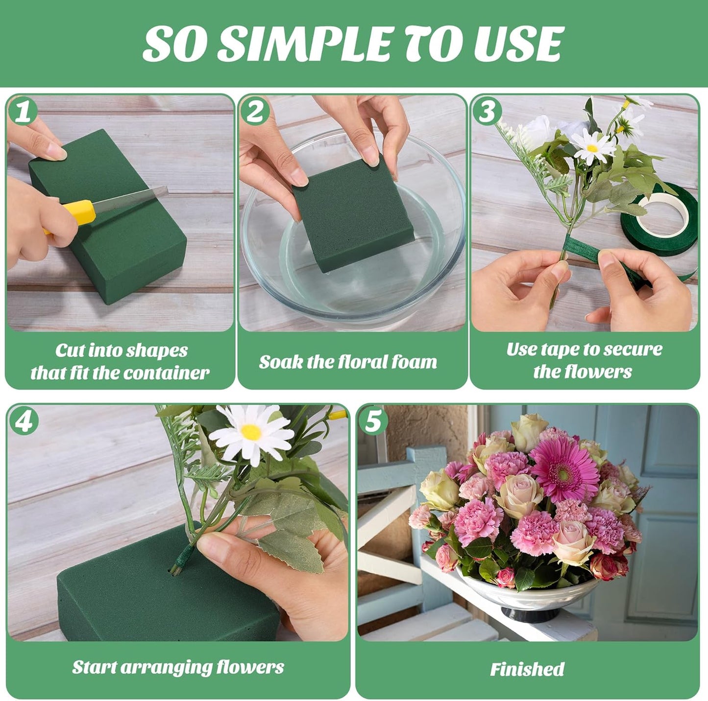 Aneco 8 Pieces Floral Foam Blocks with 2 Rolls Floral Tape 5.5''L x 3.1''W x 1.8''H Green Square Flower Foams Flower Arrangements Supplies for Dry & Wet Flower Wedding Home Decor and DIY Crafts